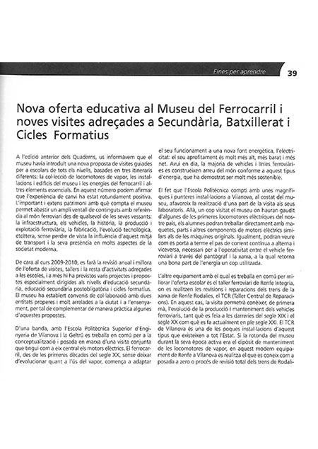 Nova oferta educativa al Museu del Ferrocarril i noves visites adreades a Secundria