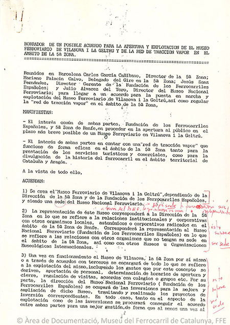 Borrador de un posible acuerdo para la apertura y explotacin de el museo ferroviario de Vilanova i la Geltr y de la red de traccin vapor en el mbito de la 5 zona, 1988